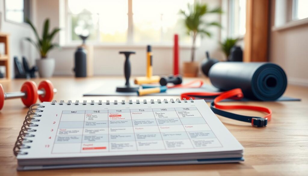 A balanced, well-designed weekly cross-training schedule for a teen athlete, captured in a vibrant, natural-lit photograph. In the foreground, a neatly organized planner or calendar displays the structured routine, with icons and text highlighting different exercise types. In the middle ground, fitness equipment such as free weights, resistance bands, and a yoga mat are artfully arranged, conveying the variety of activities. The background depicts a bright, airy home gym or workout space, with large windows allowing ample sunlight to flood the scene. The overall atmosphere is one of discipline, organization, and a holistic approach to building teenage fitness through cross-training.