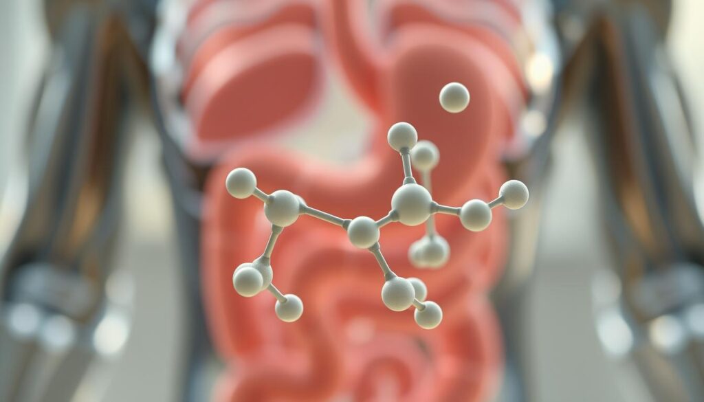 A close-up, ultra-realistic photograph in natural lighting, 4k detail, of a molecular model of a magnesium chelate compound, with its chemical structure prominently displayed in the foreground. The model showcases the bioavailability of magnesium, highlighting the ease with which the human body can absorb and utilize this essential mineral. The background features a blurred, out-of-focus image of a human digestive system, suggesting the physiological process of nutrient absorption. The overall mood is one of scientific precision and informative clarity, conveying the importance of understanding magnesium bioavailability for optimal post-workout recovery and health.