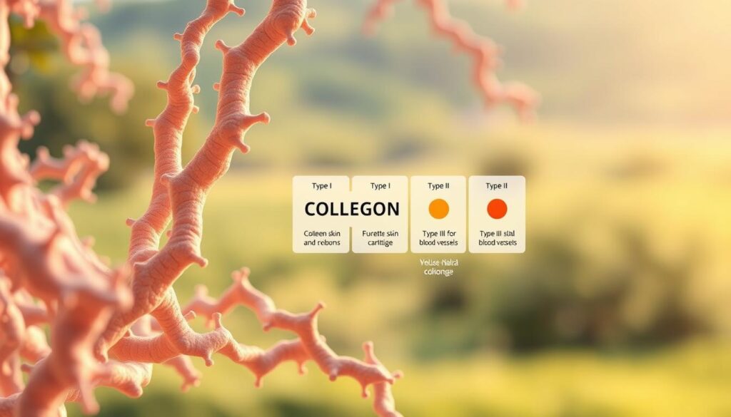 A detailed illustration showcasing the diverse types of collagen fibers. In the foreground, a close-up view of various collagen fibril structures, their intricate patterns and cross-linkages visible. In the middle ground, a labeled diagram highlighting the key collagen types and their distinct functions, such as Type I for skin and bone, Type II for cartilage, and Type III for blood vessels. The background features a soft, natural landscape with diffused lighting, creating a serene, educational atmosphere. The overall image conveys the complexity and importance of the different collagen varieties within the human body. Ultra-realistic photographic quality with 4K detail.