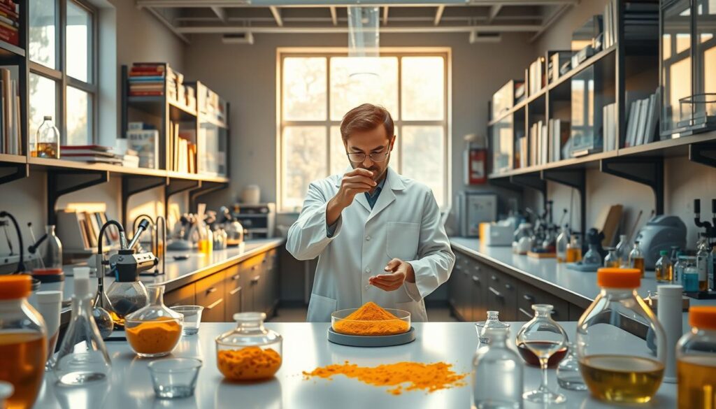 A laboratory setting with benches covered in various scientific equipment and glassware. In the center, a researcher in a white lab coat carefully examines a petri dish containing a vibrant yellow powder - turmeric. The room is bathed in natural light filtering through large windows, casting a warm glow on the scene. Shelves line the walls, stocked with reference books and scientific journals. The atmosphere is one of focused investigation, as the researcher delves into the properties and potential benefits of this ancient spice. The level of detail is high, revealing the intricate textures and reflections of the laboratory instruments.