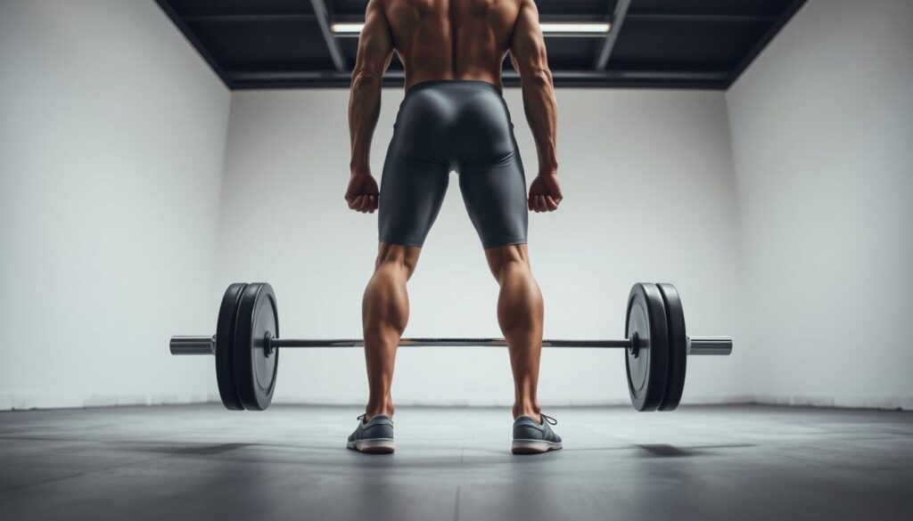 A person standing in a well-lit studio, feet shoulder-width apart, hips hinged back, back flat, shoulders pulled back, arms extended, and hands gripping a barbell resting on the floor. The individual's form demonstrates the proper starting position and hinge movement of a deadlift, showcasing the essential biomechanics for a safe and effective lift. The scene is captured with a high-quality camera, emphasizing the intricate details of the lifter's posture and technique in a natural, lifelike manner.
