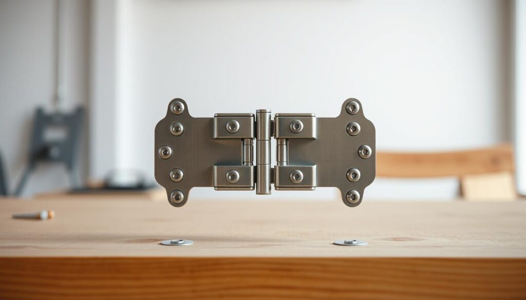 A professional-grade, high-quality photograph of a perfectly set up hinge mechanism, captured in natural daylight with exquisite 4K detail. The foreground showcases the intricate interplay of the hinge components, with the metal surfaces gleaming and the hinges rotating smoothly. The middle ground reveals the precise alignment and spacing of the hinges, while the background provides a clean, uncluttered workspace, allowing the viewer to focus on the technical precision of the setup. The overall scene conveys a sense of balance, functionality, and the meticulous attention to detail required for a flawless hinge pattern.