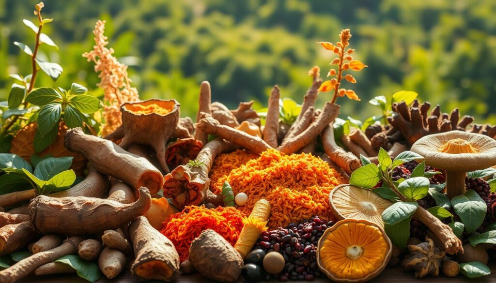 A sprawling arrangement of vibrant adaptogenic herbs and spices, bathed in warm, natural light. In the foreground, plump ashwagandha roots, glossy gotu kola leaves, and gnarled reishi mushrooms take center stage. Behind them, clusters of turmeric rhizomes, rhodiola stalks, and gleaming schisandra berries fill the middle ground. The background is a softly blurred landscape of lush greenery, evoking a sense of tranquility and balance. The overall composition conveys the restorative power of these renowned stress-busting botanicals, ready to be blended into a nourishing adaptogen tonic.