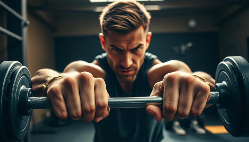 An athlete struggling with improper tempo during weight training, their movements jerky and out of sync. In the foreground, hands grip a barbell with poor form, muscles straining as they fight to maintain control. In the middle ground, the athlete's face is contorted with effort, brow furrowed in concentration. The background shows a dimly lit gym, shadows creeping across the floor, conveying a sense of struggle and frustration. Overhead, natural lighting casts a warm glow, highlighting the details of the scene in 4K resolution. The mood is one of tension and uncertainty, capturing the common mistakes often made during tempo training.