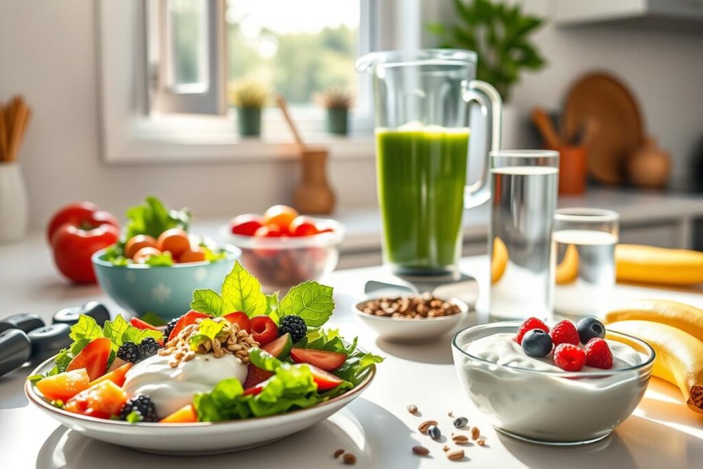 A bright, sun-drenched kitchen countertop with fresh fruits, vegetables, and a glass of water. In the foreground, a plate of colorful, nutrient-dense salad and a bowl of high-protein Greek yogurt topped with berries. In the middle, a blender filled with a vibrant green smoothie, surrounded by a variety of whole grains, nuts, and seeds. The background features an open window, allowing natural light to stream in and create a warm, inviting atmosphere. The scene conveys a sense of balance, nourishment, and hydration, all of which are essential to support a dedicated yoga practice and overall fitness journey. A bright, sun-drenched kitchen countertop with fresh fruits, vegetables, and a glass of water. In the foreground, a plate of colorful, nutrient-dense salad and a bowl of high-protein Greek yogurt topped with berries. In the middle, a blender filled with a vibrant green smoothie, surrounded by a variety of whole grains, nuts, and seeds. The background features an open window, allowing natural light to stream in and create a warm, inviting atmosphere. The scene conveys a sense of balance, nourishment, and hydration, all of which are essential to support a dedicated yoga practice and overall fitness journey.