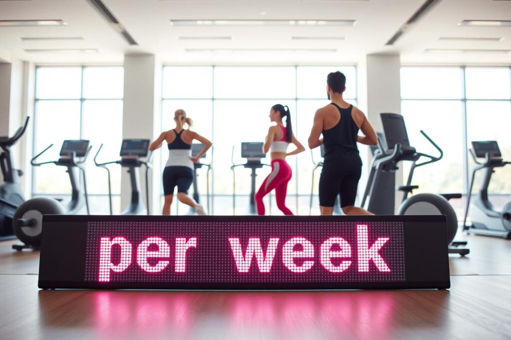 A clean, well-lit gym interior with modern equipment and sleek, minimalist design. In the foreground, a digital display shows the text "per week" in a bold, sans-serif font against a neutral background. The middle ground features a person performing various cardio and weight-training exercises, showcasing the practical mix of activities. The background highlights expansive windows, allowing natural light to flood the space and create a sense of openness and vitality. The overall atmosphere conveys a balanced, efficient, and results-driven approach to fitness. A clean, well-lit gym interior with modern equipment and sleek, minimalist design. In the foreground, a digital display shows the text "per week" in a bold, sans-serif font against a neutral background. The middle ground features a person performing various cardio and weight-training exercises, showcasing the practical mix of activities. The background highlights expansive windows, allowing natural light to flood the space and create a sense of openness and vitality. The overall atmosphere conveys a balanced, efficient, and results-driven approach to fitness.