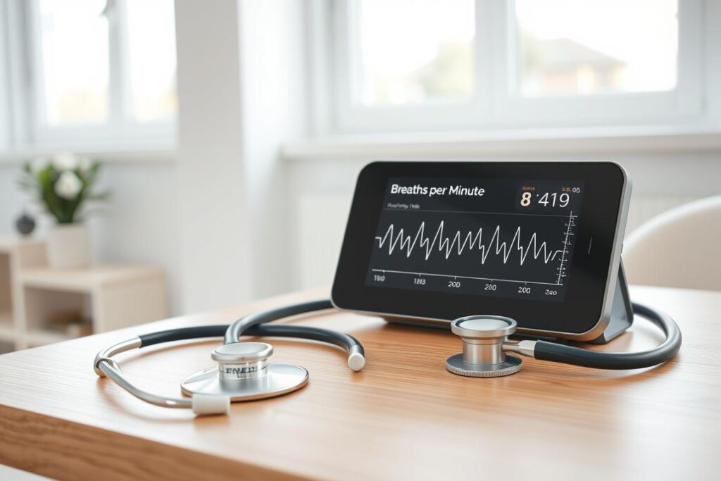 A clean, white medical office setting. On a wooden desk, a sleek, silver stethoscope rests next to a digital display showing a real-time heart rate and respiratory rate readout. The display features a prominent "Breaths per Minute" metric, with a calm, steady rhythm visualized through a pulsing graph. Soft, natural light filters in through large windows, creating a serene, welcoming atmosphere. The overall scene conveys a sense of focus, health, and the importance of controlled, deliberate breathing. A clean, white medical office setting. On a wooden desk, a sleek, silver stethoscope rests next to a digital display showing a real-time heart rate and respiratory rate readout. The display features a prominent "Breaths per Minute" metric, with a calm, steady rhythm visualized through a pulsing graph. Soft, natural light filters in through large windows, creating a serene, welcoming atmosphere. The overall scene conveys a sense of focus, health, and the importance of controlled, deliberate breathing.
