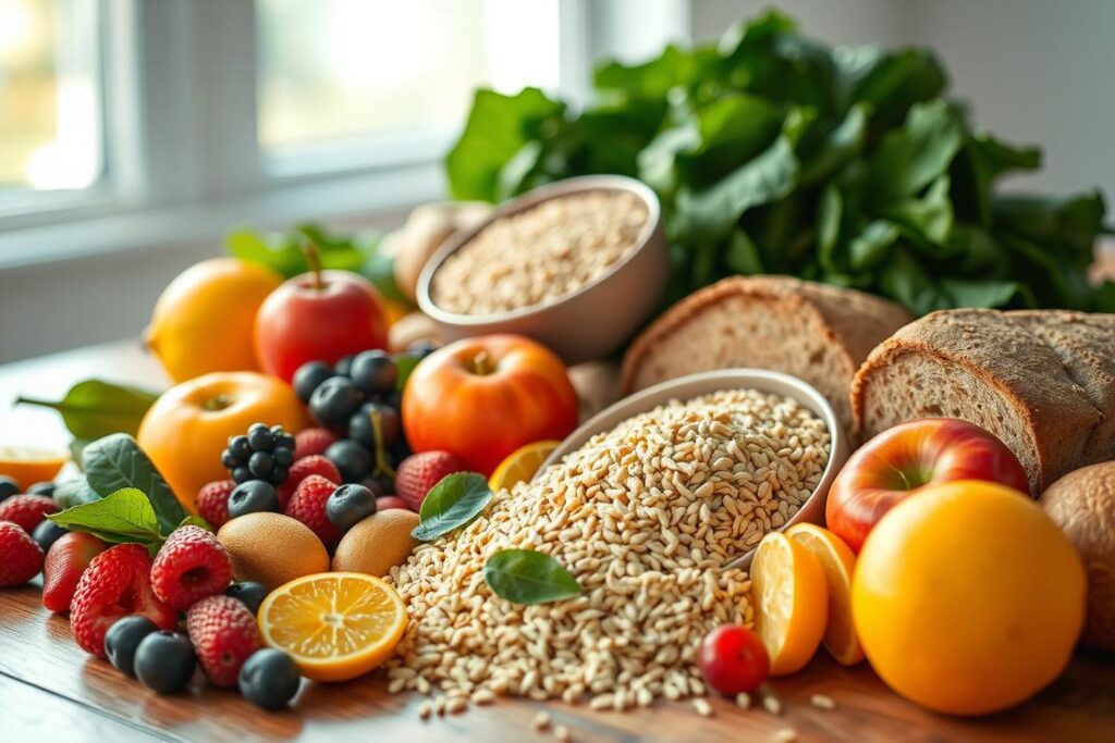 A close-up, still life photograph of various whole food carbohydrate sources arranged artfully on a wooden table. In the foreground, a mix of colorful, vibrant fruits such as oranges, apples, and berries. In the middle ground, different varieties of whole grains like quinoa, brown rice, and whole wheat bread. In the background, leafy green vegetables like spinach and kale. Soft, natural lighting illuminates the scene, highlighting the textures and vibrant colors of the healthy carbohydrate-rich foods. The overall mood is one of nourishment, balance, and vitality.