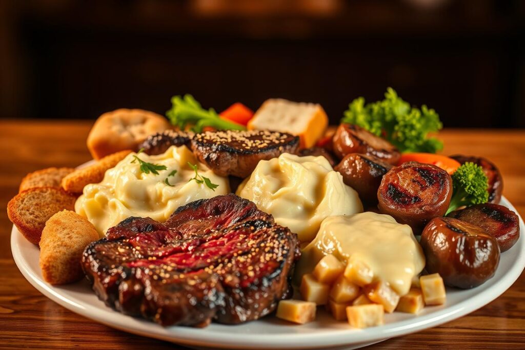 A cross-section of a plate overflowing with a variety of calorie-dense foods, including juicy steak, creamy mashed potatoes, buttered rolls, and a hearty helping of vegetables. The lighting is warm and inviting, casting a golden glow over the scene. The camera angle is slightly elevated, providing a birds-eye view that emphasizes the abundance and richness of the meal. The atmosphere is one of indulgence and satisfaction, conveying the idea that a surplus of calories, when coupled with the right nutrients, can drive muscle growth and development.