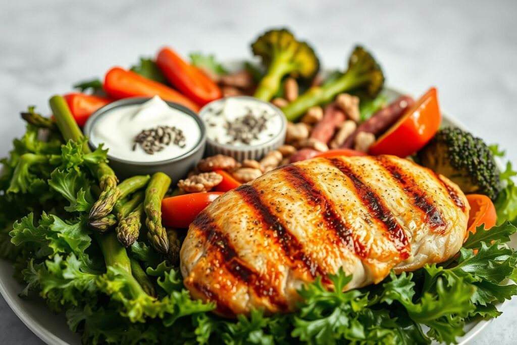 A delectable protein plate filled with a variety of nutritious and appetizing elements, masterfully arranged to inspire mindful, muscle-building consumption. In the foreground, a bed of leafy greens provides a lush, verdant foundation. Atop this, a generous portion of grilled chicken breast, its golden-brown exterior glistening under soft, even lighting. Surrounding the chicken, a colorful assortment of roasted vegetables - vibrant red bell peppers, tender asparagus spears, and tender-crisp broccoli florets. In the middle ground, a small bowl of creamy Greek yogurt, a dollop of nutrient-dense chia seeds, and a scattering of crunchy, protein-rich nuts. The background features a simple, minimalist setting, allowing the plate's contents to be the star. The overall composition conveys a sense of balance, nourishment, and mindful, intentional eating to support muscle growth and fat loss.