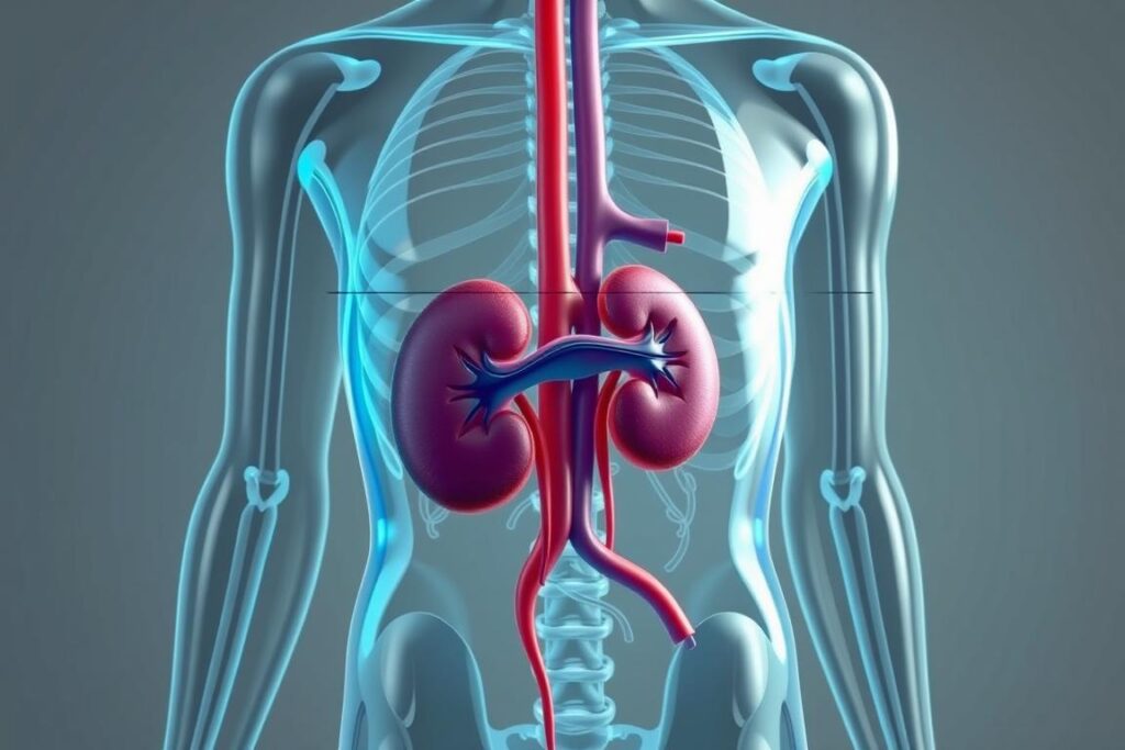 A detailed anatomical illustration depicting the interconnected water, kidney, and liver systems within the human body. The image should have a clean, scientific aesthetic with a muted color palette. The organs should be rendered with precise anatomical accuracy, showcasing their intricate structures and functions. The composition should highlight the relationships between the three systems, emphasizing their integral role in the body's natural detoxification processes. Lighting should be soft and diffused, creating a sense of depth and volume. The perspective should be slightly elevated, allowing for a comprehensive view of the systems. The overall mood should convey a sense of informative clarity and educational purpose.