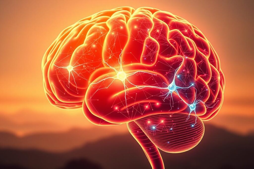 A detailed, high-resolution visualization of the human brain, showcasing its intricate neural pathways and synaptic connections. The brain is rendered in a warm, natural palette, with a soft, diffused lighting that casts subtle shadows, highlighting the depth and complexity of its structure. The foreground features a glowing, translucent rendering of the brain, while the middle ground depicts a network of interconnected neurons and synapses in a vivid, neon-like palette. The background is a serene, blurred landscape, suggesting the expansive, boundless nature of the mind. The overall composition conveys a sense of wonder, contemplation, and the power of mental imagery to influence physical performance.