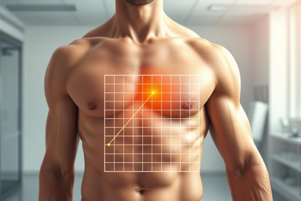 A detailed illustration of the spot reduction myth, showcasing the human body in a high-resolution, photorealistic style. The foreground depicts a muscular male torso with one side highlighted, implying targeted fat loss. The middle ground features a grid-like overlay, visualizing the uniform distribution of fat across the body. The background presents a clinical, minimalist environment, emphasizing the scientific nature of the subject. Crisp lighting, a shallow depth of field, and a subtle color palette contribute to an educational, yet visually compelling atmosphere. A detailed illustration of the spot reduction myth, showcasing the human body in a high-resolution, photorealistic style. The foreground depicts a muscular male torso with one side highlighted, implying targeted fat loss. The middle ground features a grid-like overlay, visualizing the uniform distribution of fat across the body. The background presents a clinical, minimalist environment, emphasizing the scientific nature of the subject. Crisp lighting, a shallow depth of field, and a subtle color palette contribute to an educational, yet visually compelling atmosphere.