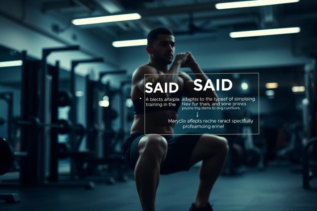 A dimly lit, modern gym interior with sleek equipment and a minimalist aesthetic. In the foreground, a person performs a squat, their muscles visibly engaged, showcasing the SAID (Specific Adaptation to Imposed Demands) principle. The middle ground features a clear diagram or illustration explaining the SAID principle, highlighting how the body adapts specifically to the type of training it is subjected to. The background is softly blurred, creating a sense of focus on the central training demonstration and the explanatory visual aid. The overall mood is one of scientific exploration, with a subtle sense of determination and commitment to understanding the nuances of muscle adaptation.