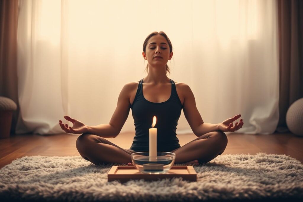 A peaceful, introspective scene of a person practicing body scan meditation. The subject is seated in a comfortable, cross-legged position on a soft, plush rug, eyes closed, with a serene expression. The lighting is warm and diffuse, creating a soothing atmosphere. In the middle ground, a simple altar with a lit candle and a small bowl of water reflects the calm energy. The background is hazy, with soft, muted colors suggesting a cozy, distraction-free environment. The overall mood is one of deep relaxation, mindfulness, and inner focus, capturing the essence of a consistent and stress-free meditation practice. A peaceful, introspective scene of a person practicing body scan meditation. The subject is seated in a comfortable, cross-legged position on a soft, plush rug, eyes closed, with a serene expression. The lighting is warm and diffuse, creating a soothing atmosphere. In the middle ground, a simple altar with a lit candle and a small bowl of water reflects the calm energy. The background is hazy, with soft, muted colors suggesting a cozy, distraction-free environment. The overall mood is one of deep relaxation, mindfulness, and inner focus, capturing the essence of a consistent and stress-free meditation practice.