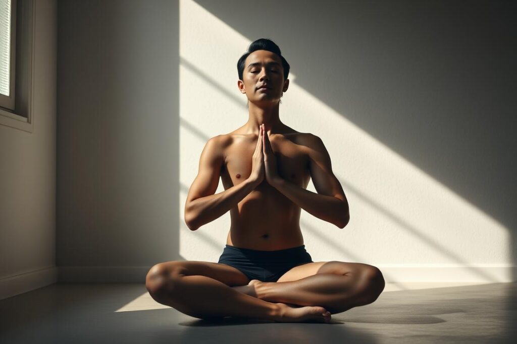 A serene and focused individual performing a controlled breathing technique in a dimly lit, minimalist studio setting. The person sits cross-legged, spine straight, hands resting gently on their lap. Soft natural lighting filters in from the sides, creating gentle shadows and highlights that accentuate the contours of the face and body. The background is a simple, textured wall, allowing the subject to be the central focus. The overall mood is one of tranquility, mindfulness, and disciplined practice. A serene and focused individual performing a controlled breathing technique in a dimly lit, minimalist studio setting. The person sits cross-legged, spine straight, hands resting gently on their lap. Soft natural lighting filters in from the sides, creating gentle shadows and highlights that accentuate the contours of the face and body. The background is a simple, textured wall, allowing the subject to be the central focus. The overall mood is one of tranquility, mindfulness, and disciplined practice.