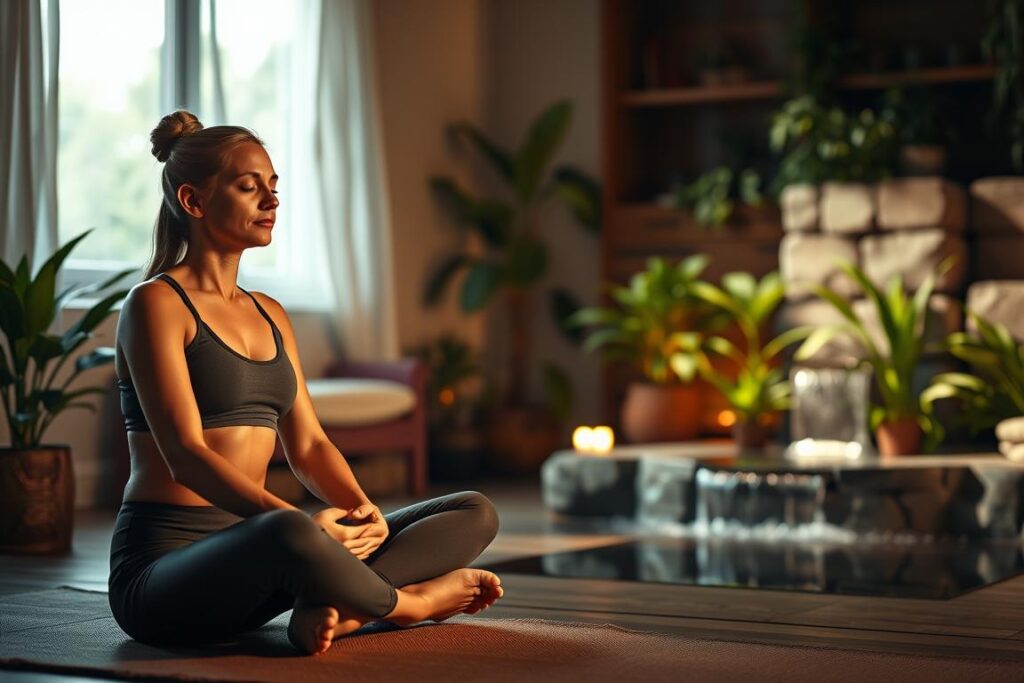 A serene and tranquil scene unfolds, capturing the essence of "quick resets" for stress relief. In the foreground, a person sits cross-legged, eyes closed, hands resting gently on their lap, exuding a sense of calm and inner focus. The middle ground features a cozy, dimly lit room with warm, soft lighting, hinting at a peaceful and inviting atmosphere. In the background, lush greenery and natural elements, such as a potted plant or a subtle waterfall, create a soothing and restorative ambiance. The overall composition conveys a harmonious balance, inviting the viewer to experience a moment of relaxation and rejuvenation.