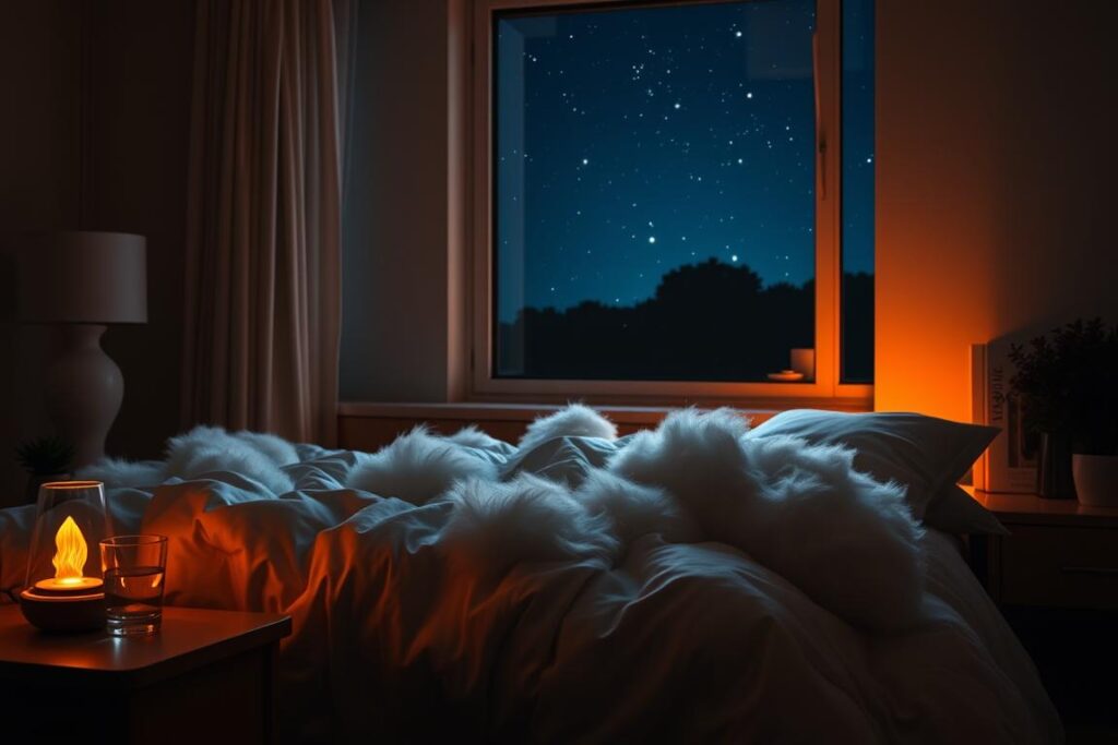 A serene, dimly lit bedroom with warm, soft lighting. A cozy, plush bed with a fluffy, cloud-like comforter invites deep, restful sleep. Nearby, a nightstand holds a glass of water and a soothing essential oil diffuser, emanating calming aromas. The room is free of clutter, allowing the mind to fully relax. Outside, the night sky is visible through a large window, with stars twinkling softly. An atmosphere of tranquility and rejuvenation pervades the scene, symbolizing the restorative power of quality sleep.
