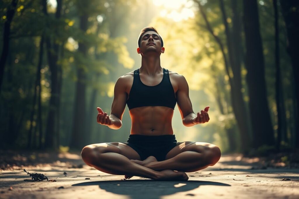 A serene figure in a meditative pose, legs crossed and palms resting on knees, eyes closed in deep concentration. Soft natural lighting filters through a tranquil forest backdrop, dappled sunlight casting gentle shadows. The atmosphere is one of calming stillness, inviting the viewer to slow their breath and connect with the present moment. The athlete's expression is one of focused mindfulness, a visual representation of the mental clarity and focus that can be achieved through this practice. Crisp, high-quality rendering with a cinematic depth of field, capturing the essence of mindful breathing as a pathway to enhanced performance and well-being.