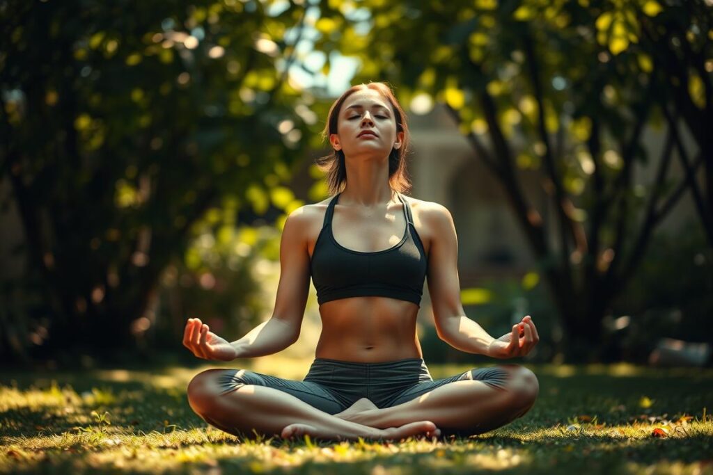 A serene figure sitting cross-legged in a tranquil garden, eyes closed in deep meditation. Dappled sunlight filters through lush foliage, casting gentle shadows. The background blurs softly, emphasizing the subject's unwavering focus. Warm, earthy tones and a sense of weightlessness evoke a state of inner calm and present-moment awareness. The composition draws the viewer inward, inviting them to experience the restorative power of mindfulness. High-resolution, cinematic lighting, 35mm lens, realistic details.