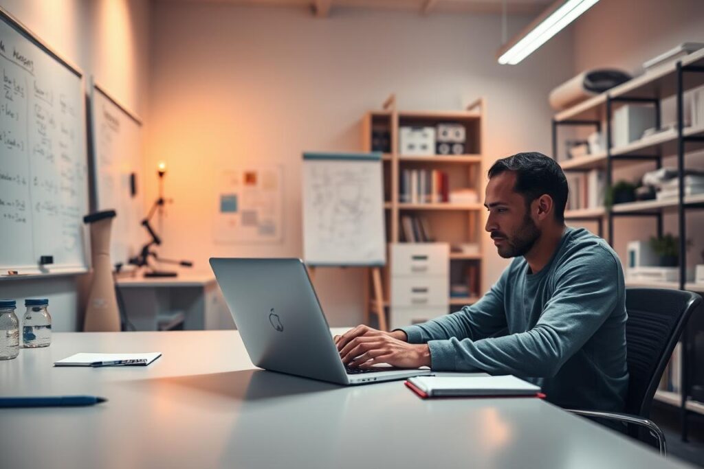 A serene, minimalist scientific research lab. In the foreground, a person sitting at a desk, hands on a laptop, deep in thought. The desk is neatly organized, with a few notebooks and pens. Warm, indirect lighting casts a soft glow on the scene. The middle ground features a whiteboard covered in equations and notes, hinting at the ongoing research. In the background, shelves filled with scientific equipment and books create a sense of focus and intellectualism. The atmosphere is one of concentration, productivity, and a quest for understanding the connection between focus, performance, and well-being.