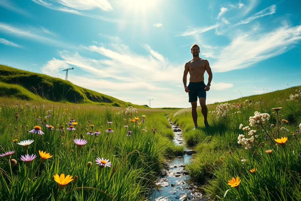 A serene, sun-dappled meadow with lush, verdant grass and a gentle stream flowing through it. In the foreground, a person standing tall, their silhouette radiating a sense of strength and vitality. Surrounding them, an abundance of vibrant wildflowers in hues of purple, yellow, and white, their petals softly swaying in the breeze. The sky above is a brilliant blue, with wispy clouds drifting lazily overhead, casting a warm, natural light across the scene. The overall atmosphere conveys a sense of balance, rejuvenation, and the enduring power of the human body. A serene, sun-dappled meadow with lush, verdant grass and a gentle stream flowing through it. In the foreground, a person standing tall, their silhouette radiating a sense of strength and vitality. Surrounding them, an abundance of vibrant wildflowers in hues of purple, yellow, and white, their petals softly swaying in the breeze. The sky above is a brilliant blue, with wispy clouds drifting lazily overhead, casting a warm, natural light across the scene. The overall atmosphere conveys a sense of balance, rejuvenation, and the enduring power of the human body.
