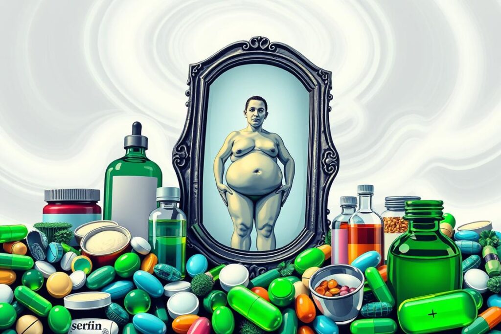 A vibrant and thought-provoking illustration of the most common "detox diet myths" for weight loss. In the foreground, a collage of various pills, potions, and supplements in hues of green and blue, symbolizing the false promises of "detoxification." In the middle ground, a distorted, warped mirror reflecting a distorted, bloated human figure, representing the unrealistic body image expectations perpetuated by these diets. In the background, a swirling, hazy backdrop in shades of gray and white, creating a sense of confusion and skepticism. Soft, diffused lighting casts a dreamlike, ethereal quality, hinting at the illusory nature of these claims. The overall composition evokes a sense of disillusionment and the need to separate fact from fiction when it comes to "detox diets" and weight loss.