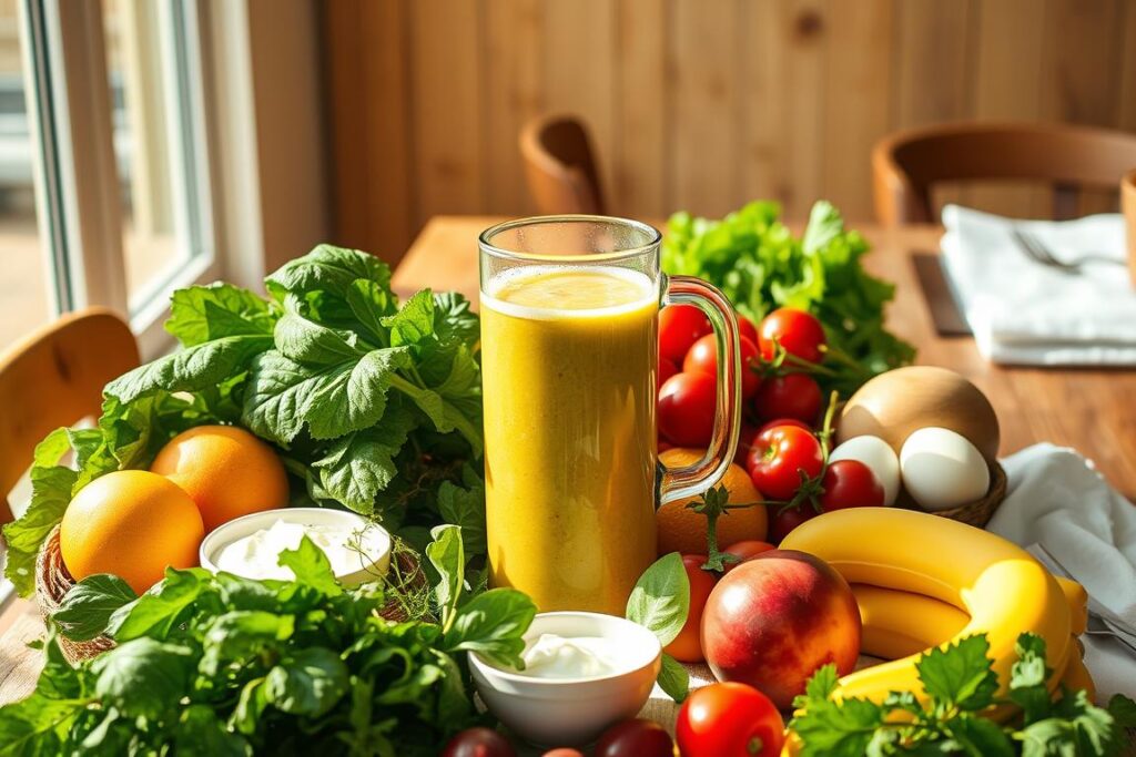 A vibrant still life capturing the essence of recovery nutrition, bathed in warm, natural lighting. In the foreground, an array of wholesome ingredients: leafy greens, vibrant fruits, and nourishing protein sources like eggs and Greek yogurt. The middle ground features a sleek glass pitcher brimming with a refreshing post-workout smoothie, its vivid colors and frothy texture inviting the viewer to take a sip. In the background, a wooden table set with a crisp white linen, echoing the clean, minimalist aesthetic. The overall scene radiates a sense of balance, vitality, and intentional nourishment, perfectly reflecting the "Recovery nutrition made simple: what to eat and when" section of the article.