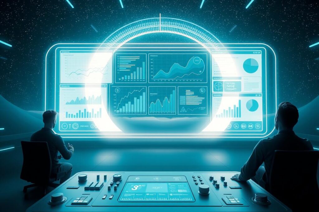 A visualization workshop with advanced techniques. In the foreground, a holographic interface displays data visualizations - line charts, scatter plots, and infographics. Floating in the middle ground, sleek, futuristic control panels with various knobs, sliders, and screens allow users to manipulate the visuals. In the background, a vast, expansive space with a starry night sky and glowing, translucent panels that emit a soft, ambient light, creating a serene, contemplative atmosphere. The scene is bathed in a cool, blue-tinted lighting, lending an air of sophistication and technological prowess. The overall composition conveys a sense of exploration, innovation, and the power of data-driven insights.