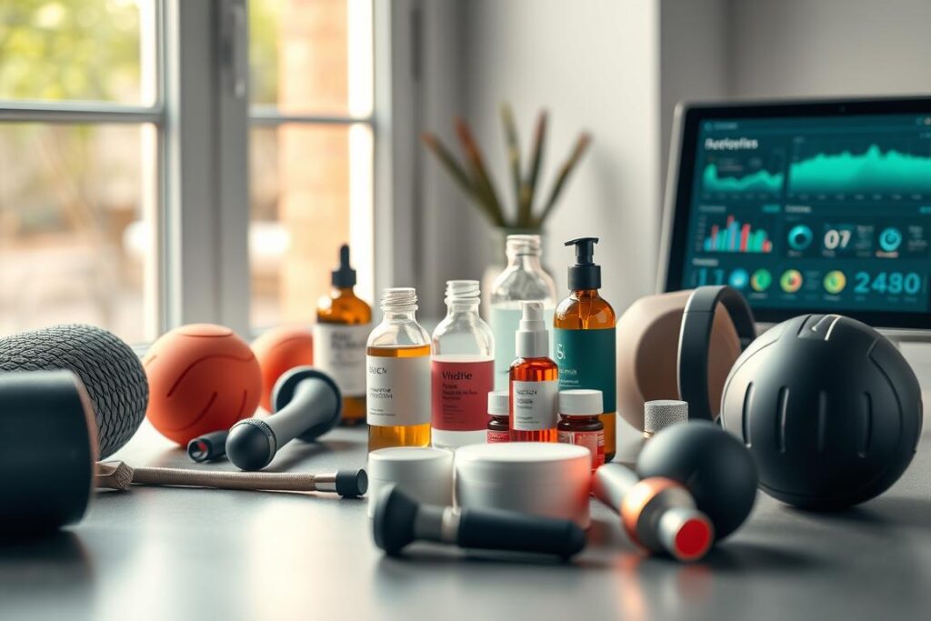 A well-lit, high-resolution photograph showcasing a collection of recovery tools and accessories. In the foreground, an array of massage tools such as foam rollers, lacrosse balls, and vibrating massagers. In the middle ground, various topicals like creams, balms, and essential oils in glass bottles. In the background, a sleek fitness tracker and a tablet displaying real-time recovery data and analytics. Soft, natural lighting from a window illuminates the scene, creating a calming, spa-like atmosphere. The composition is clean and minimalist, allowing the recovery tools to take center stage.