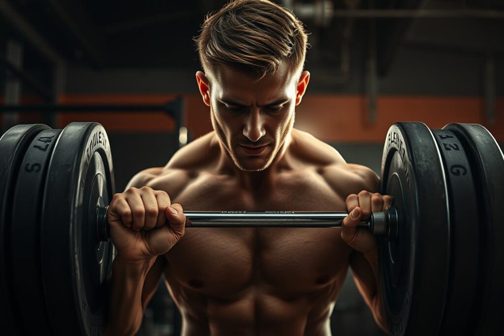 An athlete lifting heavy weights in a dimly lit gym, with dramatic backlighting casting strong shadows. The foreground features their muscular, straining physique, gripping a barbell loaded with substantial plates. The middle ground shows a focused, determined expression on their face, their brow furrowed in concentration. The background is a blur of gym equipment, conveying a sense of intensity and the pursuit of progressive overload. The scene is captured with a wide-angle lens, emphasizing the power and magnitude of the lifter's effort.