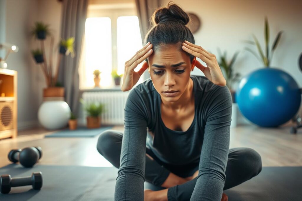 A concerned individual in a cozy home workout space, sitting on a yoga mat, holding their temples in a gesture of eye strain. The foreground features a close-up of their tired eyes, with a soft focus on the surrounding area to emphasize discomfort. In the middle ground, a well-organized space with fitness equipment like a yoga ball and dumbbells. The background includes a soothing wall with house plants and a window, allowing warm, natural light to filter in, creating a calm atmosphere. The individual is dressed in modest athletic wear, depicting diversity and professionalism. The overall mood conveys the need for recovery and self-care, highlighting the importance of taking breaks during workouts. A concerned individual in a cozy home workout space, sitting on a yoga mat, holding their temples in a gesture of eye strain. The foreground features a close-up of their tired eyes, with a soft focus on the surrounding area to emphasize discomfort. In the middle ground, a well-organized space with fitness equipment like a yoga ball and dumbbells. The background includes a soothing wall with house plants and a window, allowing warm, natural light to filter in, creating a calm atmosphere. The individual is dressed in modest athletic wear, depicting diversity and professionalism. The overall mood conveys the need for recovery and self-care, highlighting the importance of taking breaks during workouts.
