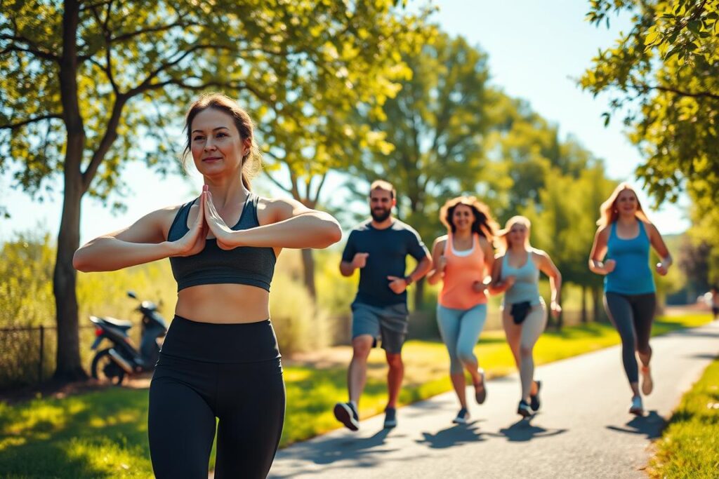 A diverse group of athletes engaging in moderate exercise outdoors, showcasing activities such as yoga, brisk walking, and stretching amidst a vibrant natural setting. In the foreground, a woman wearing a stylish, modest athletic outfit demonstrates a yoga pose, exuding calm and focus. In the middle ground, a couple of men and women jog together on a well-maintained path, smiling and encouraging one another, capturing a sense of community and support. The background features lush green trees and a bright blue sky, punctuated by soft, golden sunlight filtering through the leaves, creating an inviting and uplifting atmosphere. The image should convey a sense of health, vitality, and well-being, emphasizing the importance of maintaining an active routine for immune health. A diverse group of athletes engaging in moderate exercise outdoors, showcasing activities such as yoga, brisk walking, and stretching amidst a vibrant natural setting. In the foreground, a woman wearing a stylish, modest athletic outfit demonstrates a yoga pose, exuding calm and focus. In the middle ground, a couple of men and women jog together on a well-maintained path, smiling and encouraging one another, capturing a sense of community and support. The background features lush green trees and a bright blue sky, punctuated by soft, golden sunlight filtering through the leaves, creating an inviting and uplifting atmosphere. The image should convey a sense of health, vitality, and well-being, emphasizing the importance of maintaining an active routine for immune health.