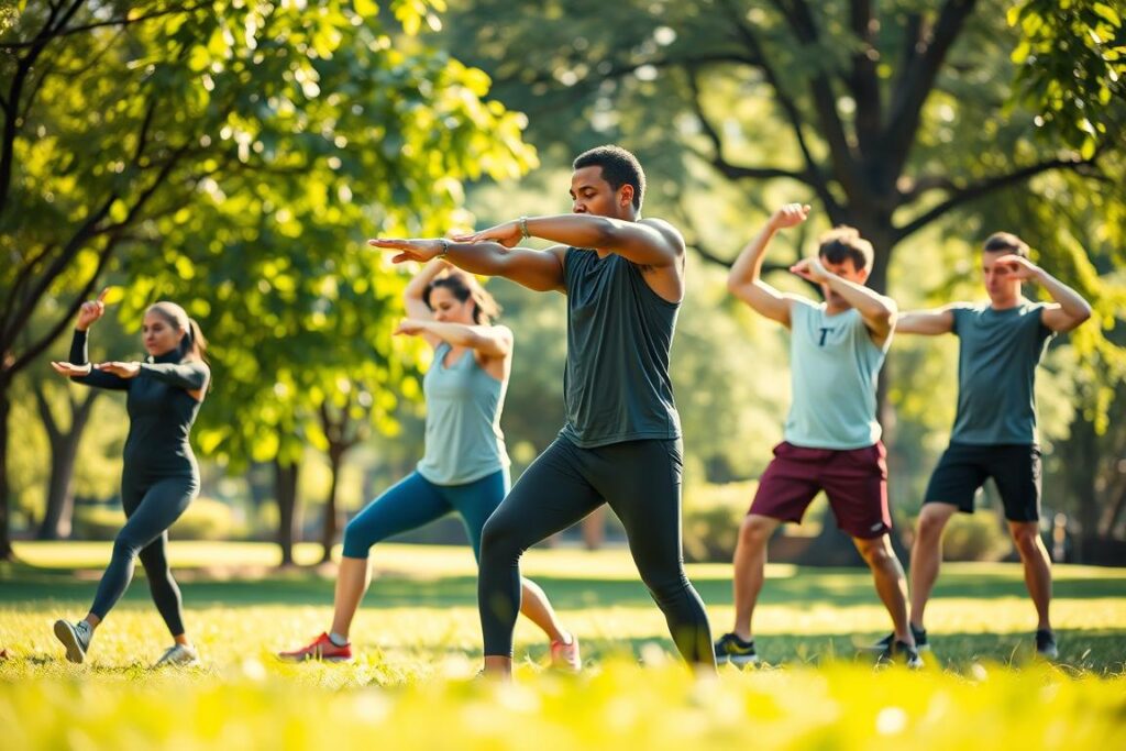 A diverse group of athletes performing warm-up stretches in an outdoor setting, showcasing mobility moves that emphasize safety in exercise. In the foreground, a Black woman in modest athletic wear demonstrates a dynamic stretching exercise, while a Hispanic man next to her engages in a shoulder stretch. In the middle ground, a Caucasian woman is performing leg swings, and an Asian man is doing torso twists. The background features a lush green park with sunlight filtering through the trees, creating a warm and inviting atmosphere. The scene is captured in soft, natural lighting, with a shallow depth of field to keep the focus on the athletes while blurring the serene surroundings, evoking a sense of calm and preparation for exercise. A diverse group of athletes performing warm-up stretches in an outdoor setting, showcasing mobility moves that emphasize safety in exercise. In the foreground, a Black woman in modest athletic wear demonstrates a dynamic stretching exercise, while a Hispanic man next to her engages in a shoulder stretch. In the middle ground, a Caucasian woman is performing leg swings, and an Asian man is doing torso twists. The background features a lush green park with sunlight filtering through the trees, creating a warm and inviting atmosphere. The scene is captured in soft, natural lighting, with a shallow depth of field to keep the focus on the athletes while blurring the serene surroundings, evoking a sense of calm and preparation for exercise.