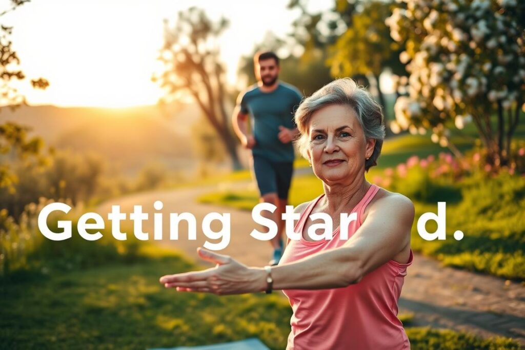 A diverse group of individuals engaging in gentle physical activities in a serene outdoor setting, embodying the theme of "getting started" on a fitness journey. In the foreground, a middle-aged woman, dressed in comfortable, modest athletic wear, is stretching on a yoga mat with a focused expression. In the middle ground, a young man is walking briskly along a scenic path, surrounded by trees and blooming flowers, exuding a sense of determination. In the background, a vibrant sunrise casts a warm glow over the landscape, symbolizing new beginnings. The atmosphere is uplifting and motivational, emphasizing safety and encouragement in starting a fitness regimen. The lighting is soft and natural, capturing the freshness of the morning.