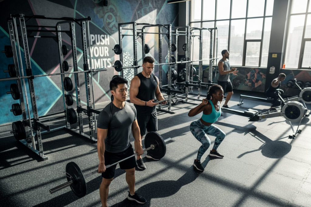 A dynamic gym scene showcasing a diverse group of athletes engaged in linear periodization strength training. In the foreground, two fit individuals—one Asian male in a fitted sports shirt and shorts, and one Black female in a sleeveless workout top and leggings—are lifting weights with focused expressions. The middle ground features a white male coaching them, demonstrating proper form with a clipboard in hand. The background includes modern gym equipment and motivational wall art, with large windows allowing natural light to illuminate the space, creating a vibrant and encouraging atmosphere. The angle should be slightly elevated, emphasizing the athletes' effort while showcasing the intensity of their training session. A dynamic gym scene showcasing a diverse group of athletes engaged in linear periodization strength training. In the foreground, two fit individuals—one Asian male in a fitted sports shirt and shorts, and one Black female in a sleeveless workout top and leggings—are lifting weights with focused expressions. The middle ground features a white male coaching them, demonstrating proper form with a clipboard in hand. The background includes modern gym equipment and motivational wall art, with large windows allowing natural light to illuminate the space, creating a vibrant and encouraging atmosphere. The angle should be slightly elevated, emphasizing the athletes' effort while showcasing the intensity of their training session.