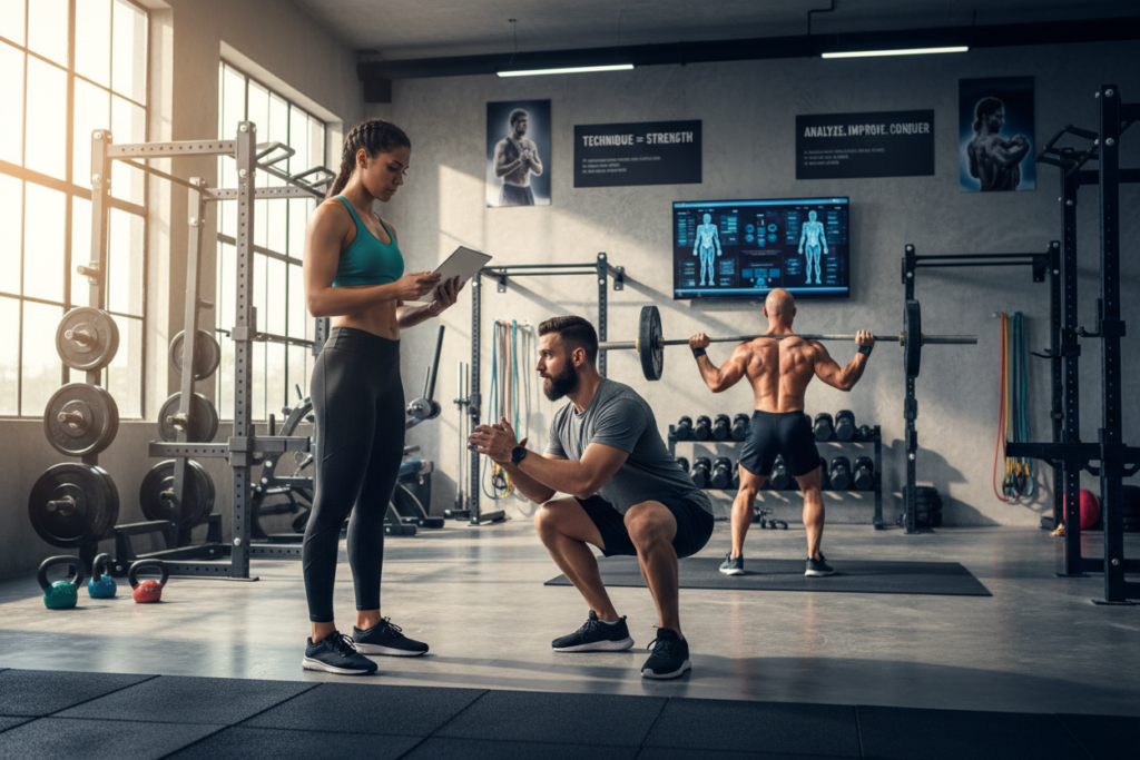 A dynamic scene of diverse athletes in a modern gym, focused on tracking their powerlifting technique. In the foreground, a strong, athletic woman in a fitted workout outfit is analyzing her form using a tablet, while a supportive coach, dressed in professional athletic wear, demonstrates proper squat technique nearby. In the middle, a male athlete performs a heavy deadlift, showcasing perfect posture, illuminated by bright, natural light pouring through large windows. The background features various weightlifting equipment and motivational posters. The overall atmosphere is one of determination and focus, with a clean and organized aesthetic, conveying the importance of tracking technique for improving lifts and promoting safety.