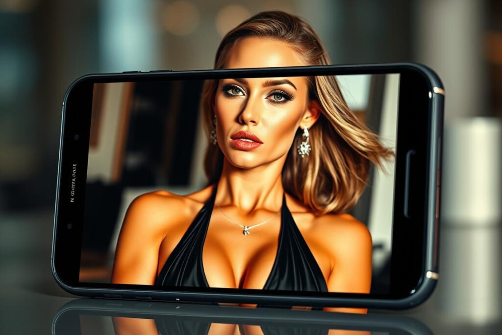 A glossy, high-contrast advertisement depicted on a smartphone screen, angled slightly upwards to create a sense of dynamic tension. The foreground features a glamorously-dressed woman with an unnatural, plastic-like appearance, her face unnaturally smooth and flawless, suggesting heavy digital retouching. The background is blurred, hinting at a luxurious, aspirational lifestyle. The lighting is dramatic, casting shadows that give the image a sense of depth and dimension. The overall mood is one of false promises and deception, hinting at the manipulative nature of modern supplement marketing tactics. A glossy, high-contrast advertisement depicted on a smartphone screen, angled slightly upwards to create a sense of dynamic tension. The foreground features a glamorously-dressed woman with an unnatural, plastic-like appearance, her face unnaturally smooth and flawless, suggesting heavy digital retouching. The background is blurred, hinting at a luxurious, aspirational lifestyle. The lighting is dramatic, casting shadows that give the image a sense of depth and dimension. The overall mood is one of false promises and deception, hinting at the manipulative nature of modern supplement marketing tactics.