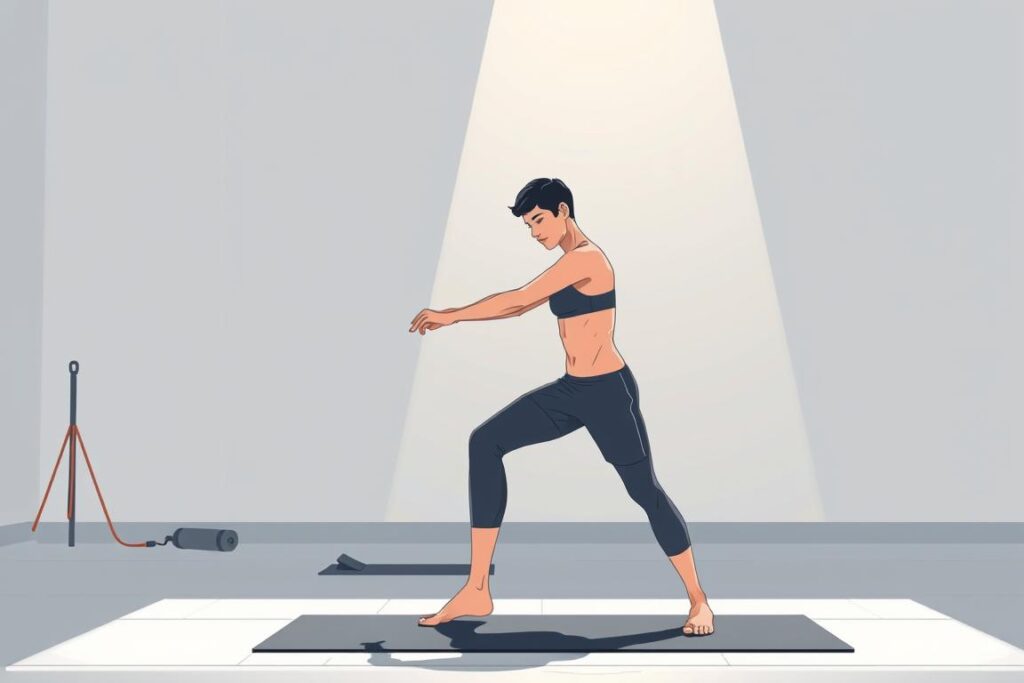 A minimalist illustration depicting a person stretching their hamstrings in an empty gym. The figure is positioned in the foreground, dressed in athletic wear, with a neutral expression on their face. The middle ground features simple gym equipment like a yoga mat and resistance bands. The background is a plain, dimly lit room with concrete walls, conveying a sense of focus and concentration. Soft, directional lighting illuminates the scene, creating subtle shadows and highlights that emphasize the subject's form. The overall mood is calm and contemplative, challenging the common belief that extensive stretching is necessary before a workout.