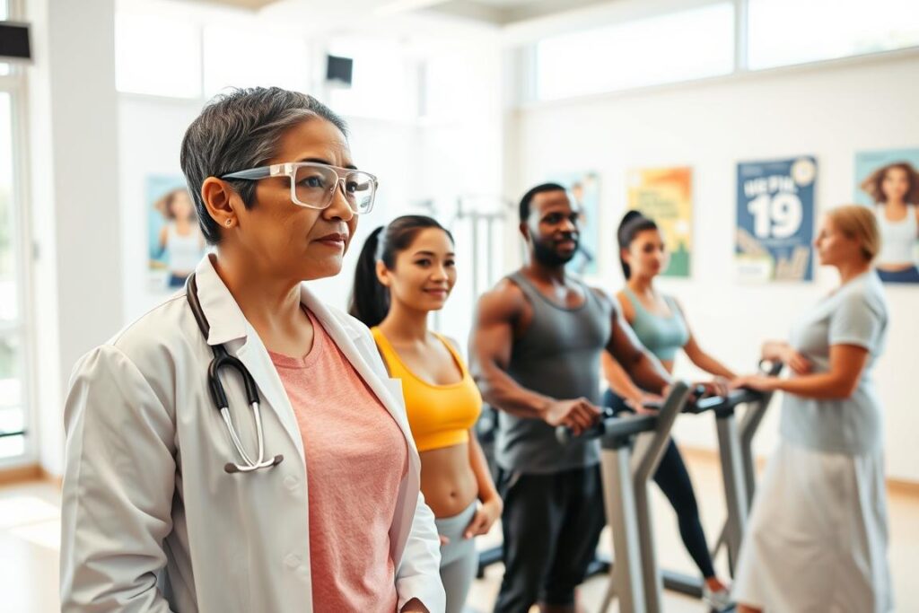 A professional healthcare provider, dressed in a white lab coat and safety glasses, conducts a thorough screening of a diverse group of athletes in a bright and modern clinic. In the foreground, the doctor is attentively examining a middle-aged Asian woman, who is wearing comfortable athletic wear. The middle ground showcases two additional athletes, one Black man and one Hispanic woman, using exercise equipment under the guidance of a physical therapist. The background features large windows that allow natural light to flood the space, revealing light-colored walls and motivational health posters. The atmosphere is focused and supportive, conveying a sense of professionalism and care for patient well-being. The image is captured from a slightly elevated angle, emphasizing the interactions and the positive engagement of the care team with the athletes. A professional healthcare provider, dressed in a white lab coat and safety glasses, conducts a thorough screening of a diverse group of athletes in a bright and modern clinic. In the foreground, the doctor is attentively examining a middle-aged Asian woman, who is wearing comfortable athletic wear. The middle ground showcases two additional athletes, one Black man and one Hispanic woman, using exercise equipment under the guidance of a physical therapist. The background features large windows that allow natural light to flood the space, revealing light-colored walls and motivational health posters. The atmosphere is focused and supportive, conveying a sense of professionalism and care for patient well-being. The image is captured from a slightly elevated angle, emphasizing the interactions and the positive engagement of the care team with the athletes.