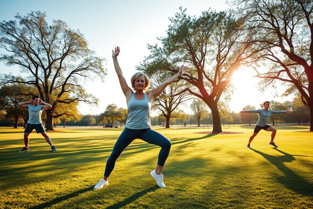 A serene outdoor fitness scene featuring a diverse group of four athletes practicing mobility and balance exercises on a smooth grassy field. In the foreground, a middle-aged woman in comfortable athletic wear confidently performs a yoga pose, demonstrating posture and balance. To her left, a young man executes a dynamic stretching routine, showcasing flexibility. The middle ground includes a picturesque park with trees gently swaying in the breeze and a clear blue sky overhead, providing a sense of tranquility. In the background, soft sunlight filters through the leaves, adding a warm glow to the scene. The atmosphere is uplifting and invigorating, capturing the essence of strength and agility for healthy joints and posture.