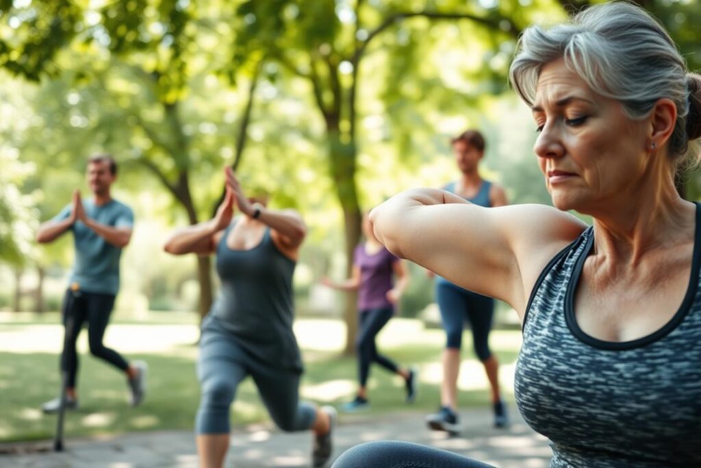 A serene outdoor scene depicting a diverse group of athletes engaged in various low-impact exercises, embodying the concept of pacing for managing chronic pain. In the foreground, a middle-aged woman in modest athletic attire practices gentle stretching with a focused expression, showcasing determination. In the middle ground, a young man performs tai chi, illustrating mindfulness in movement, while another person walks leisurely with a supportive cane. The background features a lush green park with soft sunlight filtering through leaves, creating a calming atmosphere. The image should capture a sense of tranquility and resilience, using natural lighting to enhance the overall mood, shot from a low angle to emphasize the connection with nature and exercise. A serene outdoor scene depicting a diverse group of athletes engaged in various low-impact exercises, embodying the concept of pacing for managing chronic pain. In the foreground, a middle-aged woman in modest athletic attire practices gentle stretching with a focused expression, showcasing determination. In the middle ground, a young man performs tai chi, illustrating mindfulness in movement, while another person walks leisurely with a supportive cane. The background features a lush green park with soft sunlight filtering through leaves, creating a calming atmosphere. The image should capture a sense of tranquility and resilience, using natural lighting to enhance the overall mood, shot from a low angle to emphasize the connection with nature and exercise.