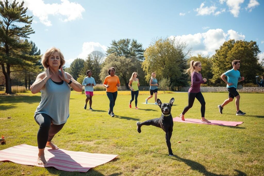 A serene outdoor scene depicting a diverse group of beginner athletes engaging in a gentle, heart-healthy fitness routine. In the foreground, a middle-aged woman in modest athletic wear performs yoga on a colorful mat, embodying calm and focus. Nearby, a young man jogs with a light smile, showcasing enthusiasm and determination. In the middle, a small group practices stretching exercises on a grassy meadow, surrounded by trees and blooming flowers. The background features a bright blue sky with soft, fluffy clouds, enhancing the uplifting atmosphere. Use warm, natural lighting to create a friendly and inviting mood, captured from a slightly elevated angle to encompass the entire scene.