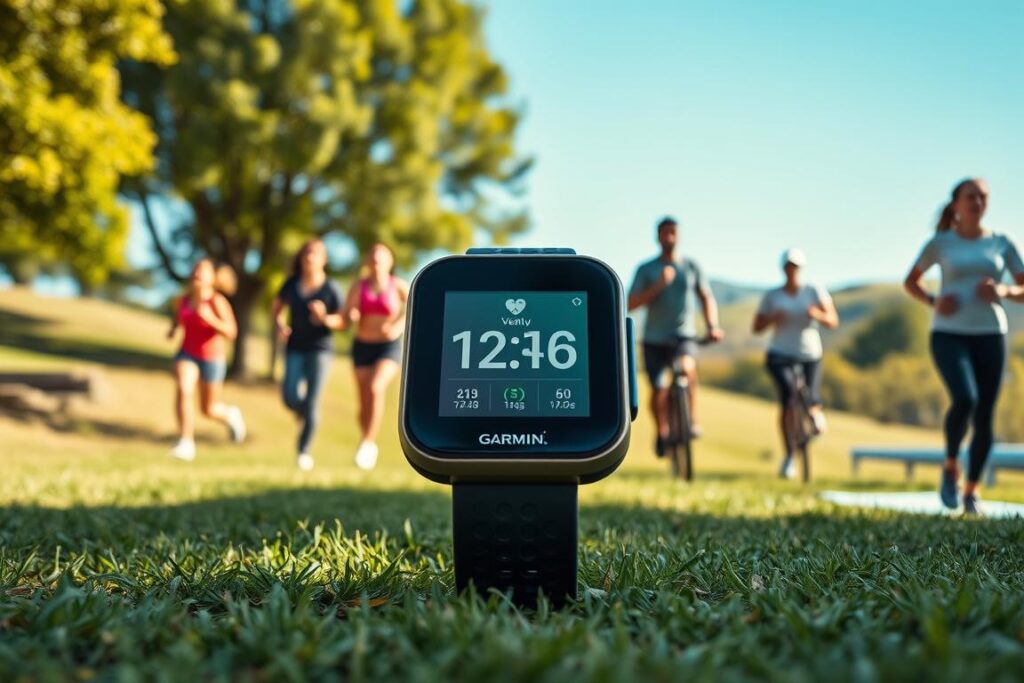 A sleek Garmin Venu 3 fitness tracker sits prominently in the foreground, displaying vibrant health metrics on its screen. Surrounding the tracker, a diverse group of athletes in modest athletic attire are engaged in a variety of fitness activities—running, cycling, and yoga—capturing the essence of holistic health. The middle ground features a sunlit park setting with green grass and trees, creating a lively and energetic atmosphere. In the background, gentle hills and a clear blue sky complete the scene. Soft, natural lighting bathes the entire composition, emphasizing the modern design of the fitness tracker while evoking a sense of motivation and wellness. The angle is slightly elevated, providing a dynamic perspective on both the device and the active lifestyle it promotes.