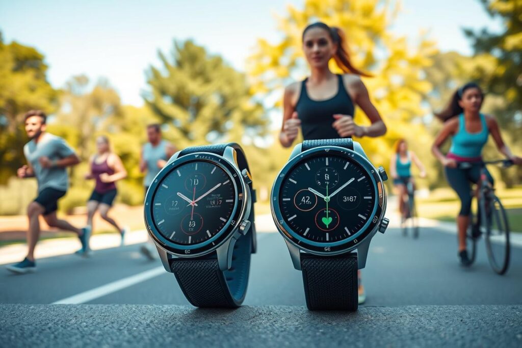 A sleek Samsung Galaxy Watch6 and Watch7 displayed prominently in the foreground, showcasing their modern design, vivid AMOLED screens, and fitness tracking features. In the middle ground, a diverse group of athletes—both men and women—are engaged in outdoor activities like running and cycling, each wearing a smartwatch. The background features a scenic park with lush trees and a bright blue sky, suggesting an active and healthy lifestyle. The lighting is bright and natural, capturing the devices' reflectivity and making the colors pop. The angle is slightly above eye level, creating a dynamic perspective that embodies energy and motivation. The overall atmosphere is inspiring and vibrant, encouraging the viewer to embrace their fitness journey with the latest technology. A sleek Samsung Galaxy Watch6 and Watch7 displayed prominently in the foreground, showcasing their modern design, vivid AMOLED screens, and fitness tracking features. In the middle ground, a diverse group of athletes—both men and women—are engaged in outdoor activities like running and cycling, each wearing a smartwatch. The background features a scenic park with lush trees and a bright blue sky, suggesting an active and healthy lifestyle. The lighting is bright and natural, capturing the devices' reflectivity and making the colors pop. The angle is slightly above eye level, creating a dynamic perspective that embodies energy and motivation. The overall atmosphere is inspiring and vibrant, encouraging the viewer to embrace their fitness journey with the latest technology.