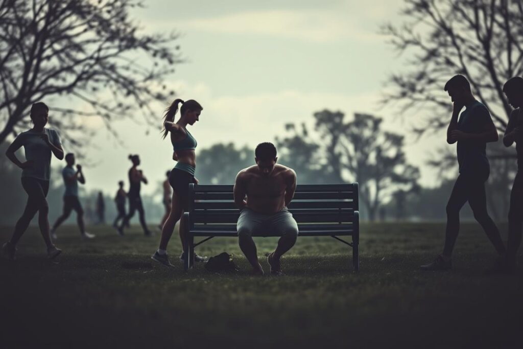 A somber yet poignant scene depicting the concept of depression through the lens of nature and exercise. In the foreground, a diverse group of athletes engages in various fitness activities, showcasing unity and resilience in modest athletic wear. In the middle ground, a lone figure sits on a park bench, gazing at the ground, embodying a moment of introspection, with shadows cast that symbolize isolation. The background features a tranquil park setting with muted colors, under soft, diffused daylight filtering through overcast skies. The atmosphere conveys a sense of reflection and the contrast between the vitality of fitness and the weight of emotional struggle. The composition captures both the challenge of depression and the hopeful possibility of healing through activity.