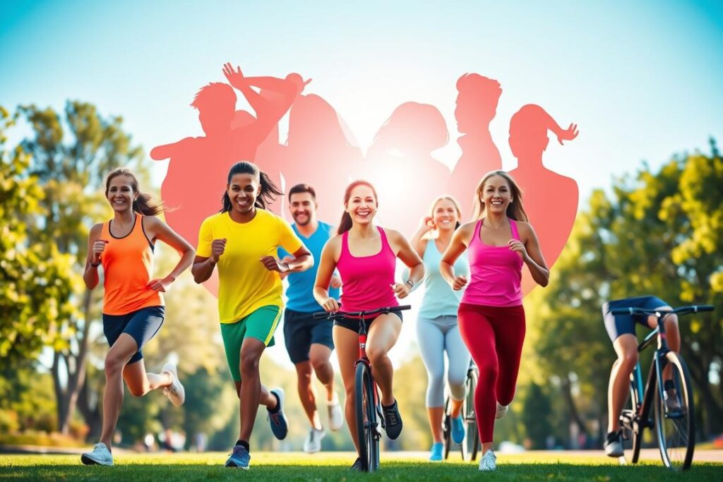 A vibrant and heart-shaped emblem formed by intertwining silhouettes of diverse athletes engaged in various fitness activities, such as running, cycling, and yoga, set against a sunlit park background. In the foreground, a lively group of men and women of different ethnicities, dressed in bright, modern fitness attire, smiles as they participate in a group exercise, exuding energy and enthusiasm. The middle ground features a clear blue sky and lush greenery, enhancing the feeling of vitality. Soft, warm lighting highlights the athletes, creating a welcoming and motivating atmosphere. The angle captures both the heart shape and the action, emphasizing the connection between physical exertion and heart health, while maintaining a clean and modern aesthetic with no text or distractions.