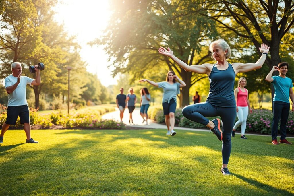 A vibrant, dynamic scene depicting a diverse group of athletes engaged in various strengthening and mobility exercises outdoors. In the foreground, a middle-aged woman in modest activewear performs yoga poses demonstrating balance and flexibility on a lush green lawn. To the left, an older man lifts weights, showcasing strength training, while a young person practices tai chi, emphasizing mobility and fluid movement. The middle ground features a small group enjoying a brisk walk on a winding path surrounded by trees and flowers, suggesting rejuvenation through nature. The background includes soft, golden sunlight filtering through the leaves, creating a warm, motivational atmosphere. The composition uses a wide-angle lens to capture the community spirit and encourage an active lifestyle, with a focus on health and vitality.