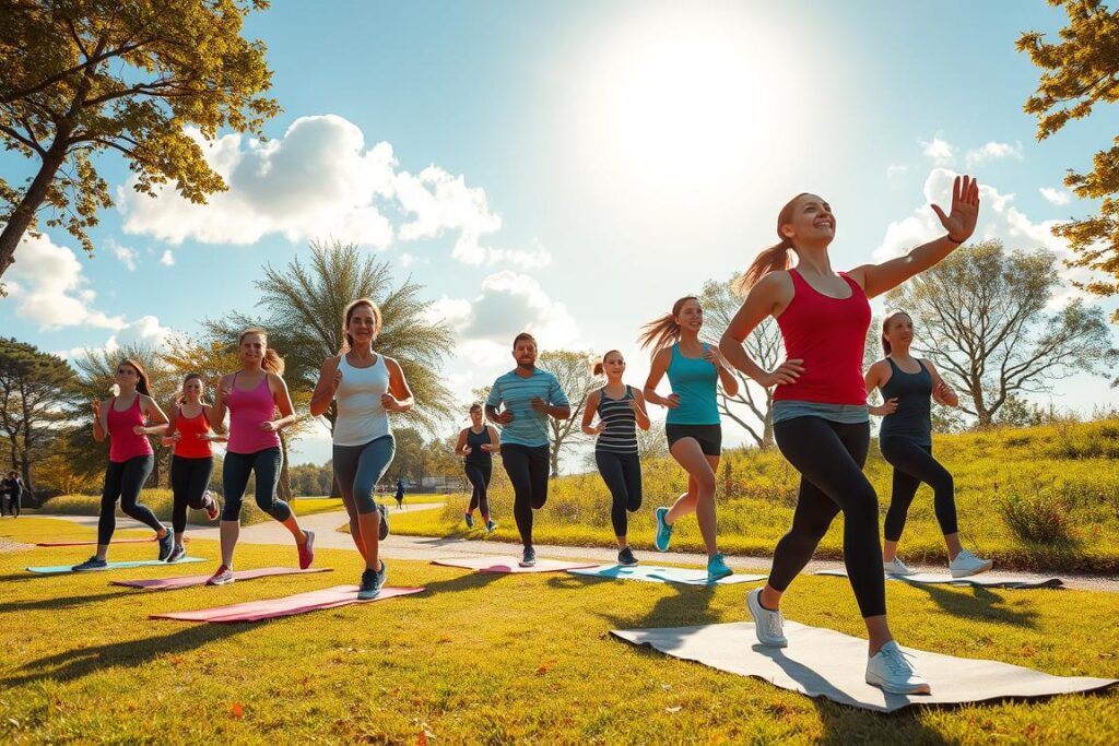 A vibrant outdoor scene depicting diverse athletes engaging in various immune-boosting workouts within a sunny park. In the foreground, a diverse group of individuals, dressed in colorful, modest sportswear, are performing yoga and stretches on exercise mats, exuding vitality and energy. The middle ground features others jogging on a scenic trail, showcasing lively movement and determination, with trees lining the path. The background captures a clear blue sky and sun shining brightly through fluffy clouds, creating a warm and uplifting atmosphere. Soft, natural lighting enhances the scene, emphasizing the connection between physical activity and overall health. The composition should evoke a sense of wellness and community, illustrating how exercise supports immunity effectively. A vibrant outdoor scene depicting diverse athletes engaging in various immune-boosting workouts within a sunny park. In the foreground, a diverse group of individuals, dressed in colorful, modest sportswear, are performing yoga and stretches on exercise mats, exuding vitality and energy. The middle ground features others jogging on a scenic trail, showcasing lively movement and determination, with trees lining the path. The background captures a clear blue sky and sun shining brightly through fluffy clouds, creating a warm and uplifting atmosphere. Soft, natural lighting enhances the scene, emphasizing the connection between physical activity and overall health. The composition should evoke a sense of wellness and community, illustrating how exercise supports immunity effectively.