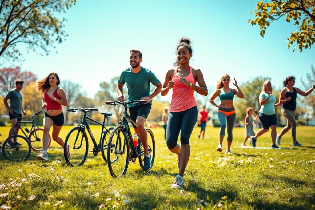 A vibrant outdoor scene showcasing diverse athletes engaging in various fitness activities, emphasizing the concept of accumulating 150 minutes of activity. In the foreground, a group of three individuals—one woman jogging, a man cycling, and another woman practicing yoga—demonstrate different forms of exercise in a sunny park filled with green grass and blooming flowers. The middle ground features additional people participating in activities like brisk walking and strength training, creating an inclusive atmosphere. The background reveals trees and a clear blue sky, enhancing the natural setting. The lighting is bright and cheerful, casting soft shadows to evoke a sense of motivation and energy. The mood is inspiring, promoting a healthy lifestyle. The clothing of the athletes is modern, colorful, and modest, ensuring a professional appearance.